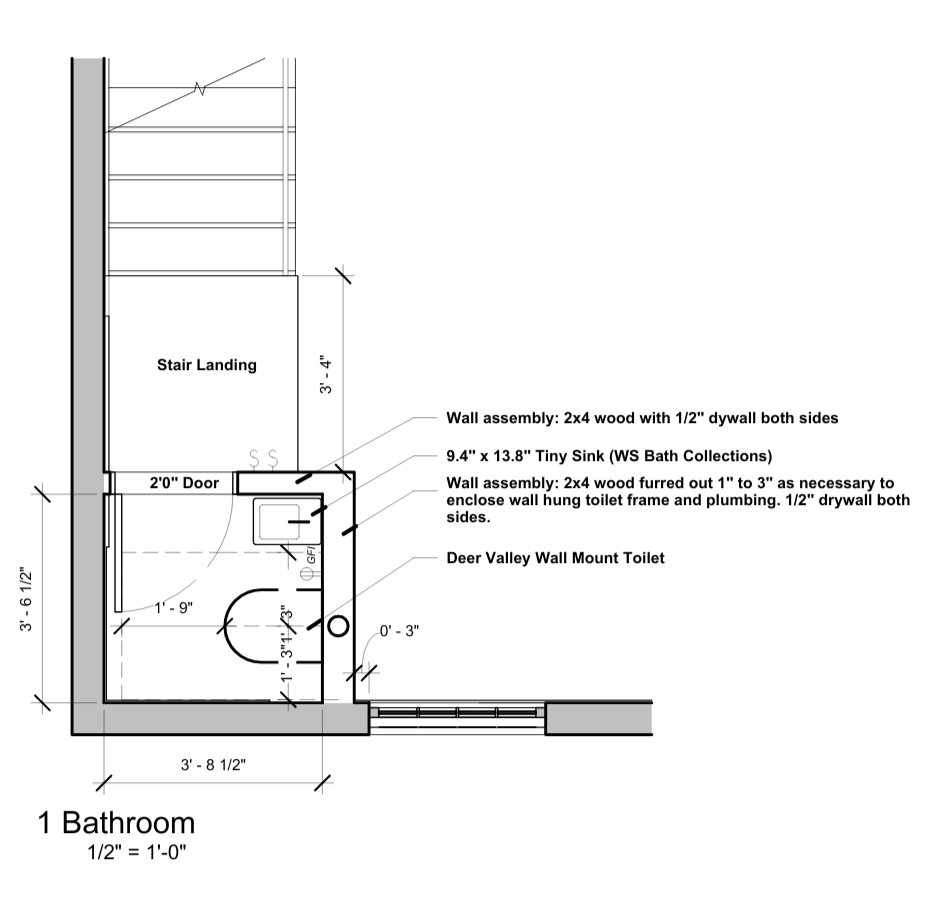 overhead view of floorplan layout of new powder room