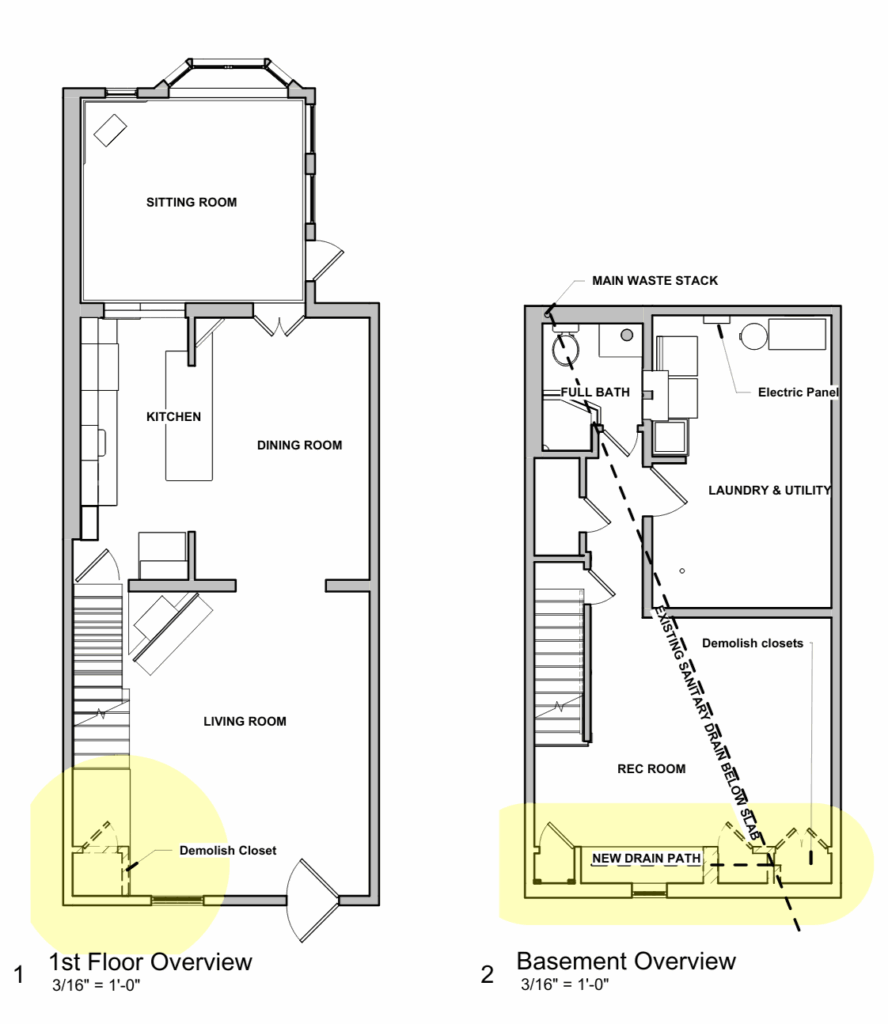 overhead view of floorplan layout of first floor and basement to show where new powder room will go and where new drain path will connect with existing sanitary drain