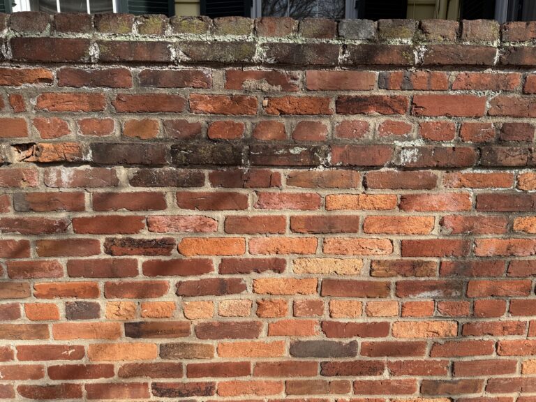Historic brick wall in Alexandria showing spalling and damage caused by high cement-content mortar