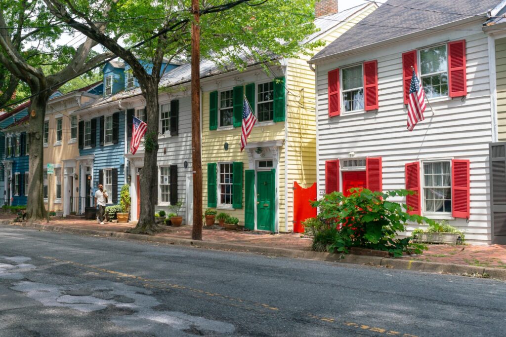 Historic rowhouses in Old Town Alexandria reflect the city’s early development, when dense lots, brick construction, and walkable streets shaped how homes were built.
