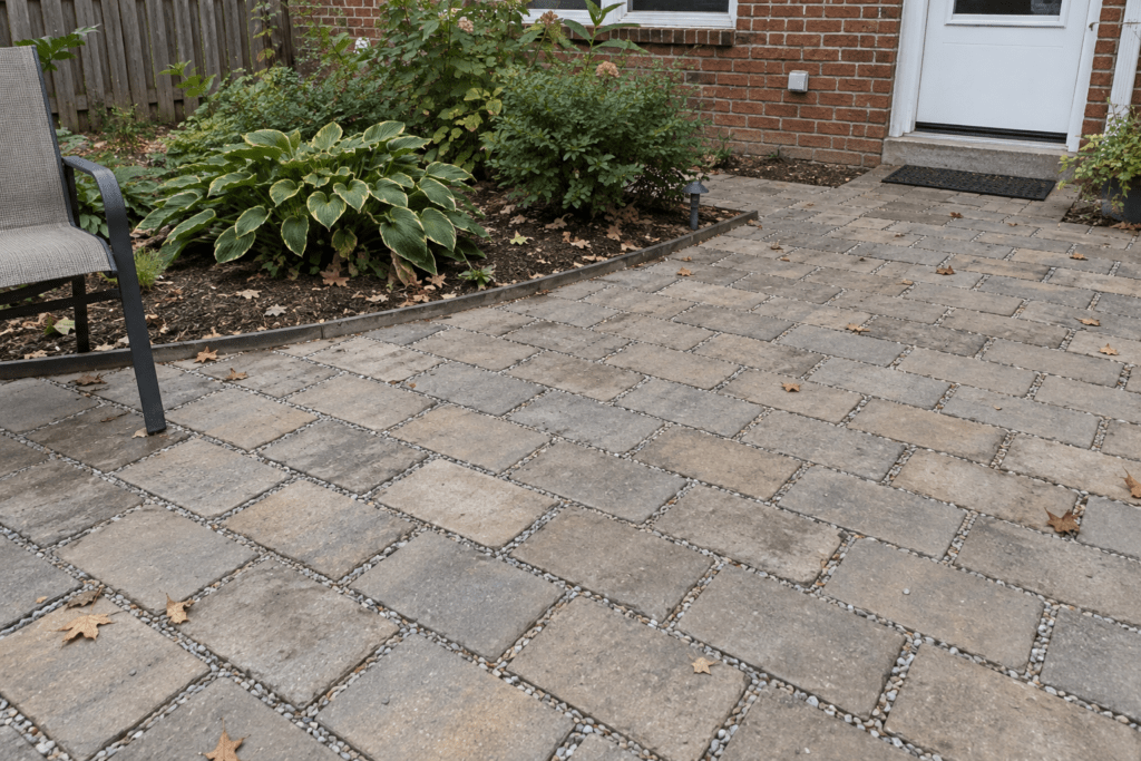 Gray permeable paver patio with gravel-filled joints beside a brick house and garden beds.