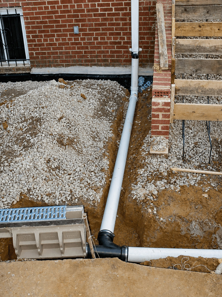 From there, the pipe runs underground in a gravel-backfilled trench out to a trench drain well clear of the house, the kind of routing that helps keep roof runoff away from the basement.From there, the pipe runs underground in a gravel-backfilled trench out to a trench drain well clear of the house, the kind of routing that helps keep roof runoff away from the basement.